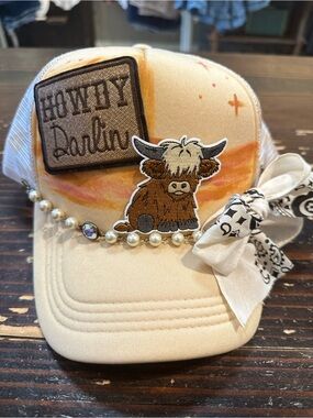 Custom highland cow howdy darlin trucker hat